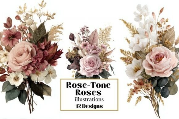 8 Rose-Tone Blush Roses Illustrations for Junk Journals