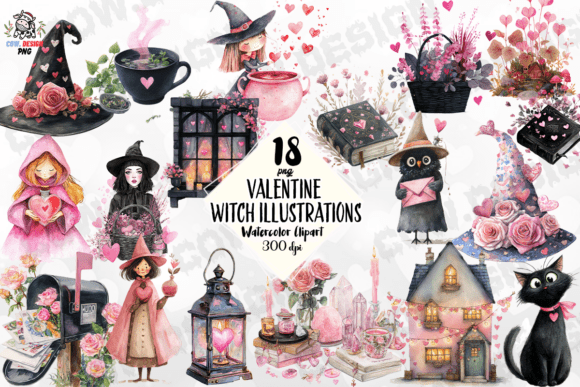 Enchanting Valentine Witch Illustrations PNG for Creative Projects