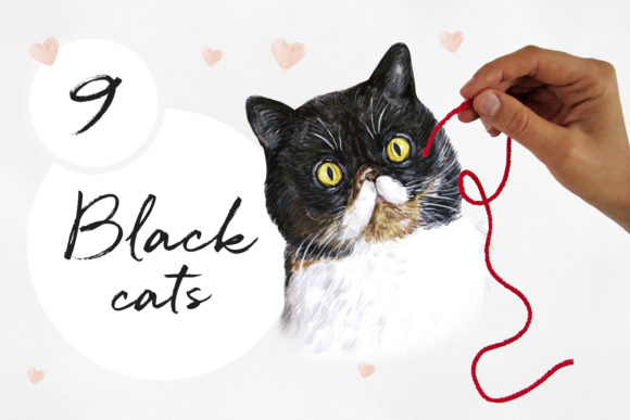 Enchanting Watercolor 9 Black Cats Illustrations Set