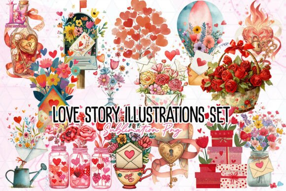 Love Story Illustrations Set PNG: A Designer's Toolkit for Romantic Projects