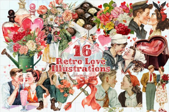 Retro Love Illustrations: A PNG Asset for Nostalgic Design