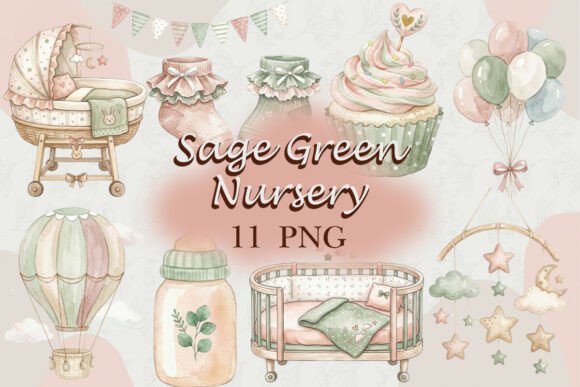 Sage Green Nursery Illustrations: Versatile Watercolor Art