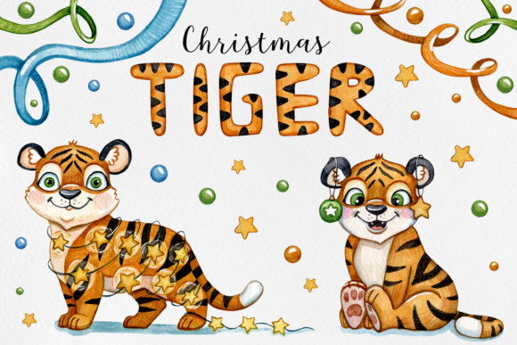 Unleash Festive Charm with Watercolor Set Tiger Xmas Illustrations
